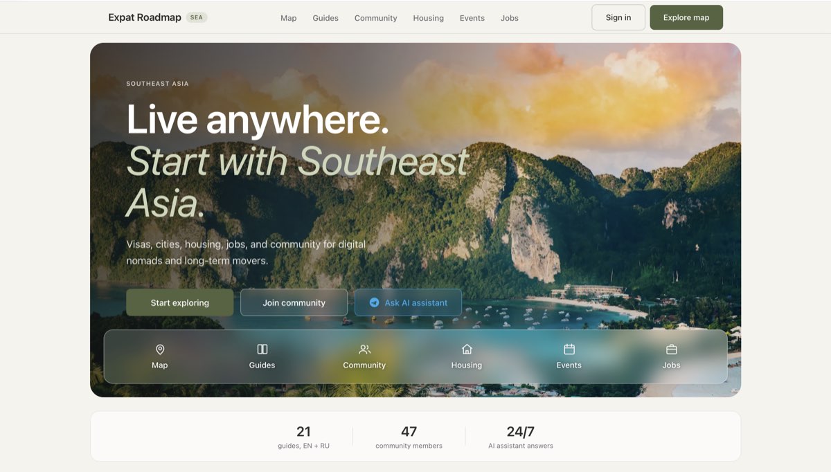 Expat Roadmap SEA. Карта, гиды, жильё, работа, сообщество. Двадцать один гид на двух языках, сорок семь человек в сообществе