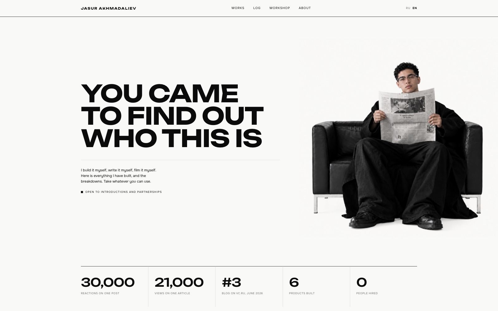 Home page: “You came to find out who this is”, a portrait and five numbers