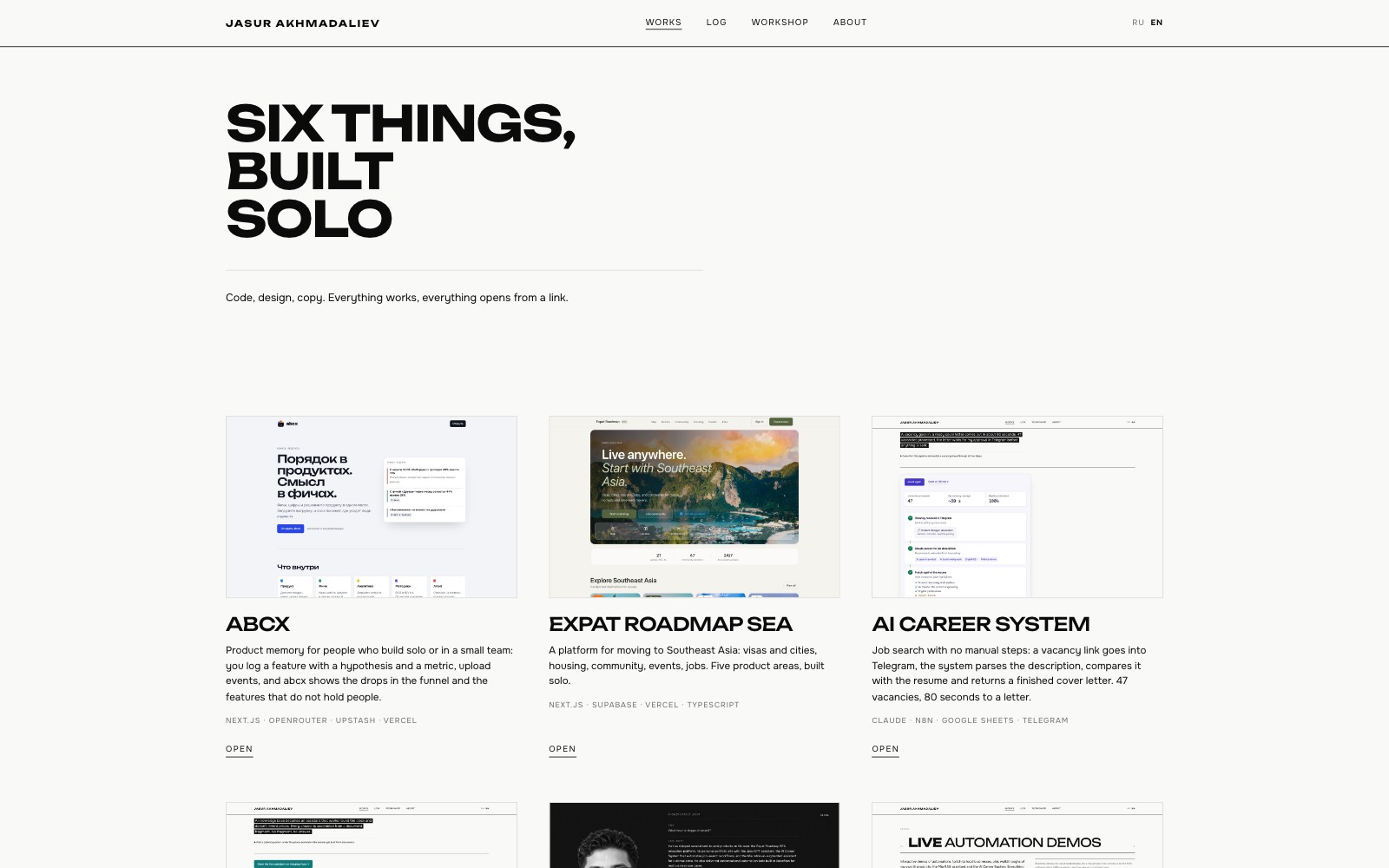 Works: six cards with live product screens